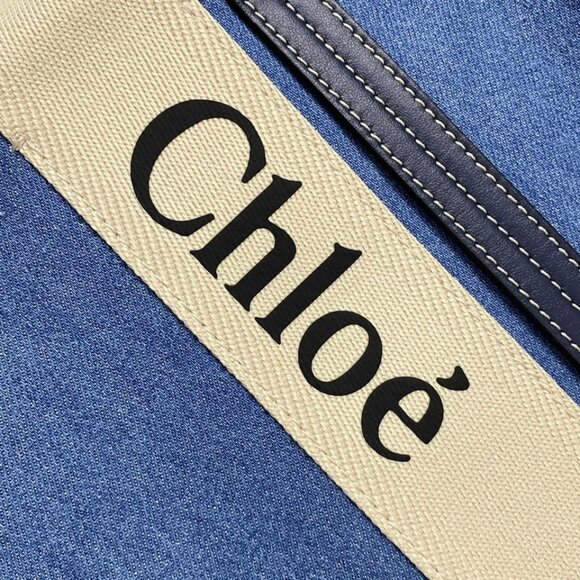 Chloe Woody Medium Tote Bag Blue Cream Denim Leather Tote Bag 671-073125 - Picture 8 of 14